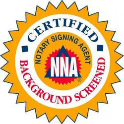 A seal that says certified, notary signing agent background screened.