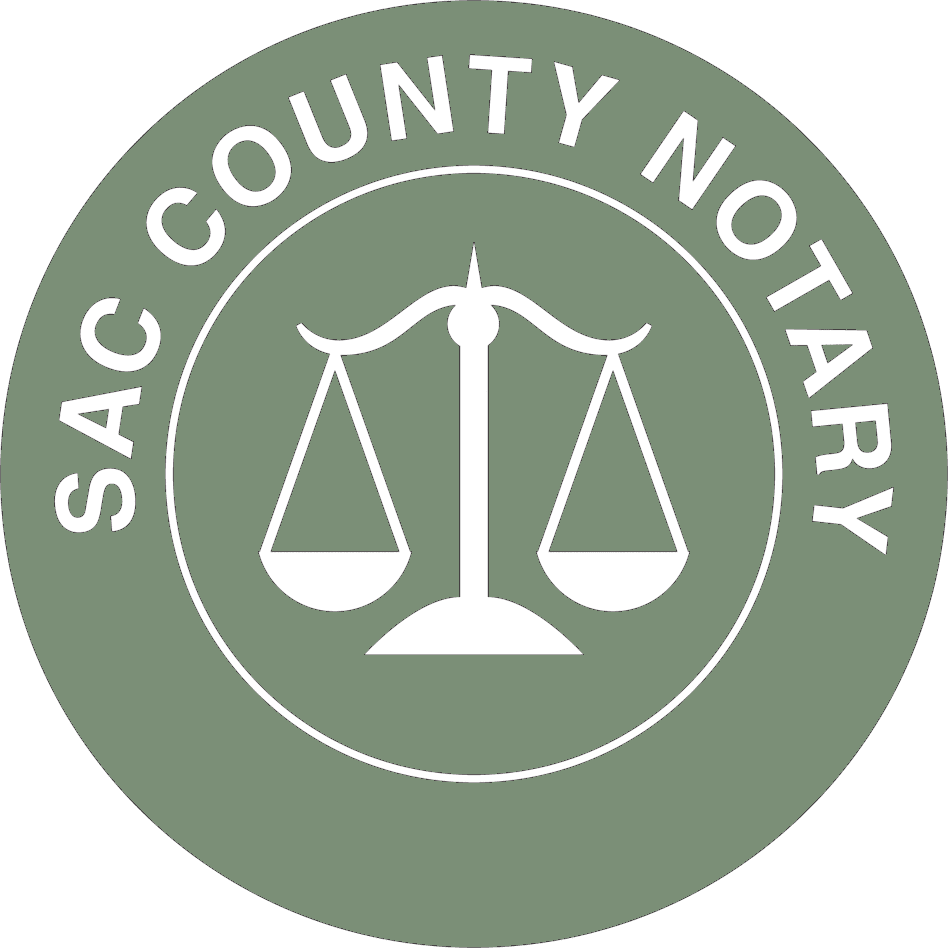 A green circle with the words sac county notary in it.