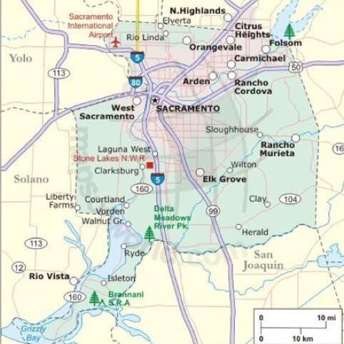 A map of sacramento with the location of several locations.